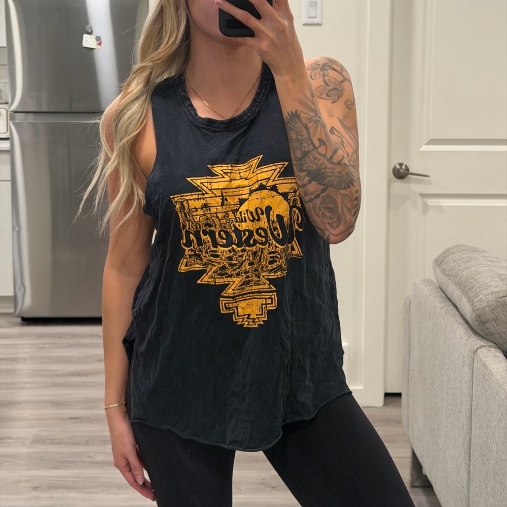 Black Graphic Muscle Tank with Yellow Distressed Print
